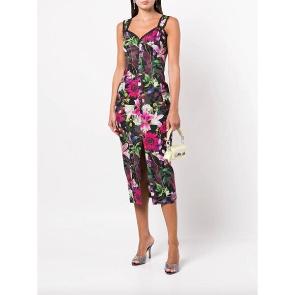 Marchesa Notte Floral Print Tea Length Sheath Midi Dress Black Womens 2 - Picture 1 of 16